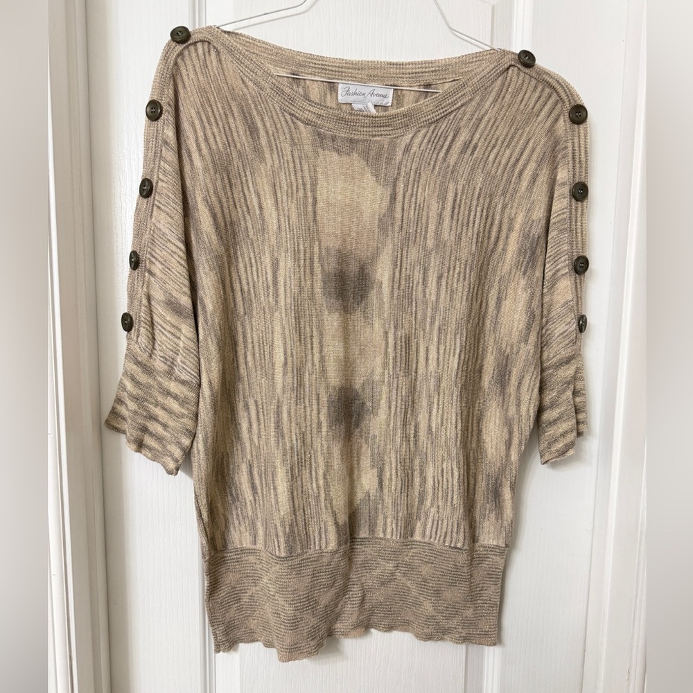 Fashion avenue beige textured goldshimmer knit top button cropped sleeves Size L